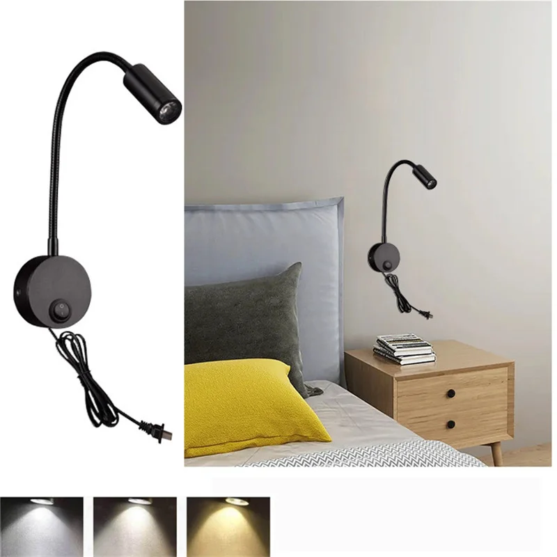 3W Flexible LED Reading Wall Lamp With Switch For Bedside Headboard Desk Adjustable Wall Mounted Light Fixture EU/US Plug Sconce