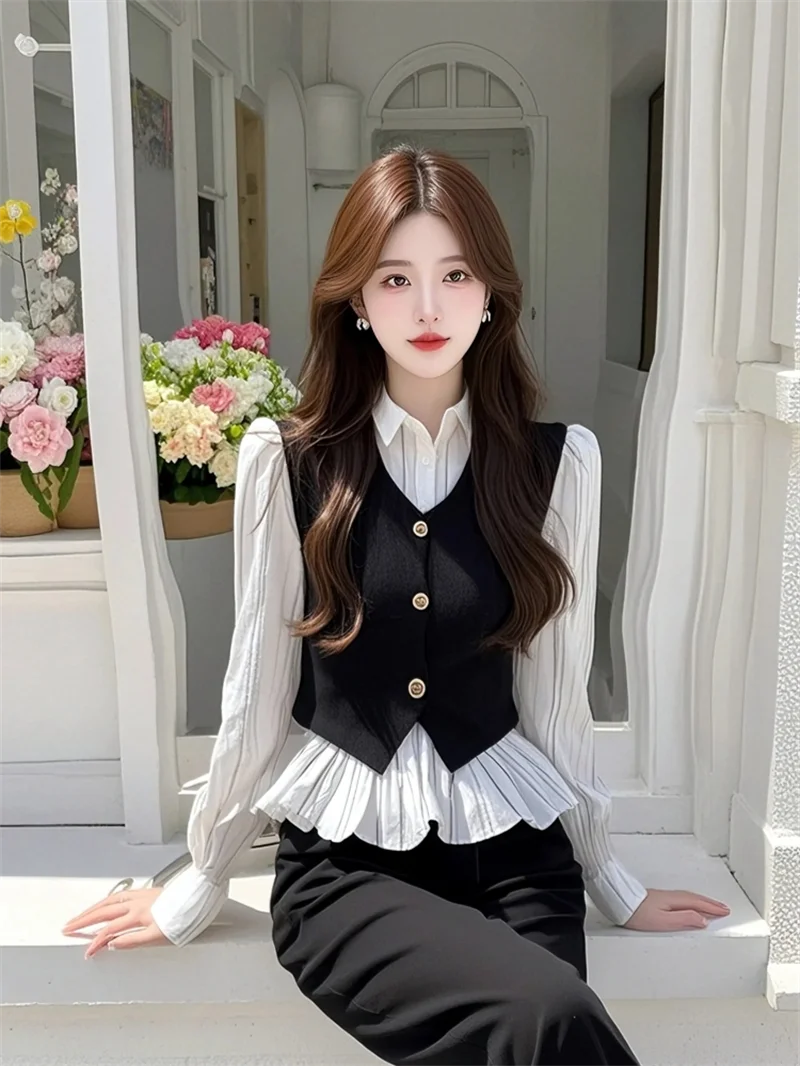 

Весна-лето, искусственная лоскутная блузка из двух предметов, женские поло с воротником-поло, полосатые топы, стильная офисная женская рубашка с воланами по подолу