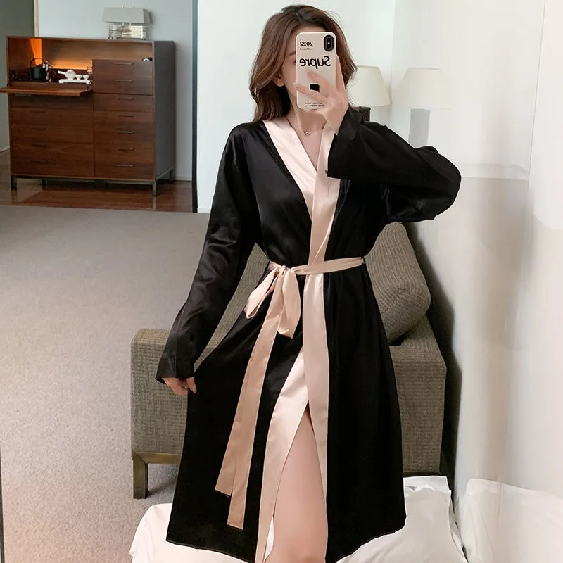 2024 New Sexy Nightdress Women's Spring Autumn Winter Imitation Ice Silk Morning Robe V-neck Loose Bathrobe Ladies Loungewear