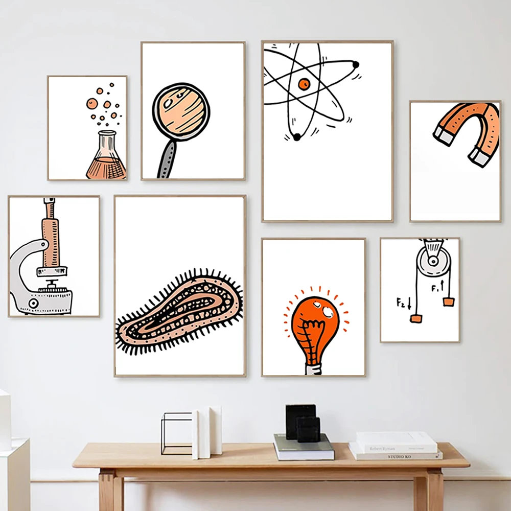 Cartoon Science Experiment Equipment Illustration Posters Physics Chemistry Biology Canvas Art Prints Primary School Wall Decor