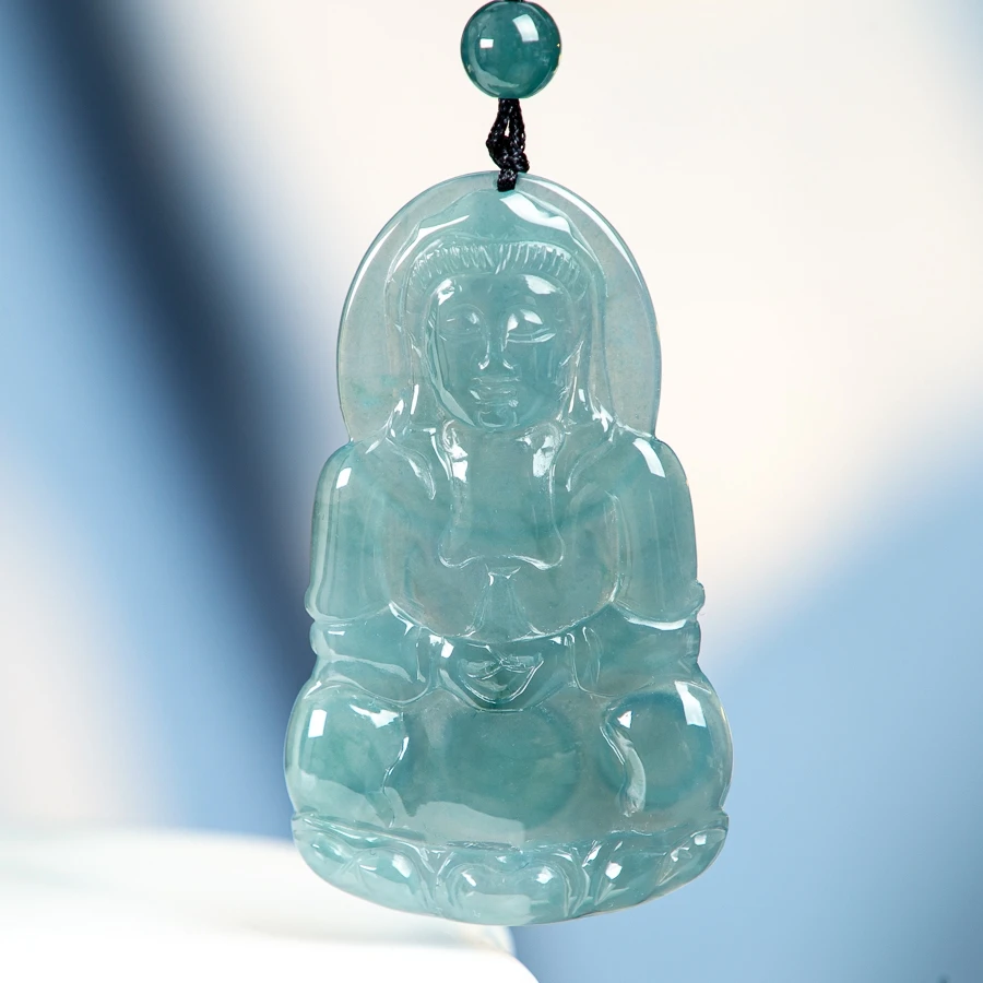 

TIMESWIND Blue Natural A-type Jade Puxian Bodhisattva Guanyin Three-d Carved Pendant Women Necklace with Certificate