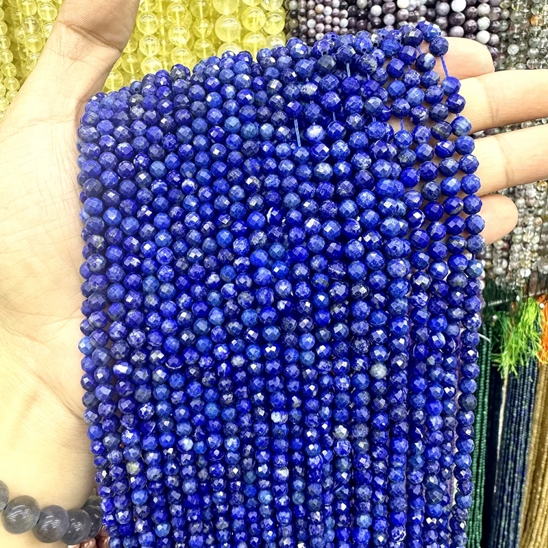 Natural Faceted Lapis Lazuli 2/3/4MM Small Tiny Round Loose Strand Stone Beads For Jewelry Making Bracelets Necklace Accessories