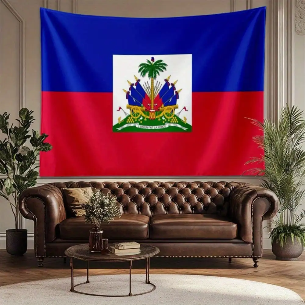 Haiti Flag Tapestry, Blue Red National Emblem Wall Hanging, Caribbean Country Decor, Patriotic Bedroom Background Cloth