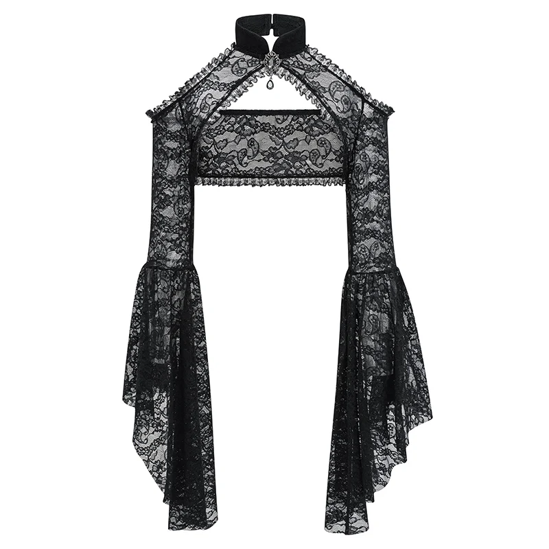 Chaqueta de manga acampanada con cuello Halter de encaje Floral transparente negra para mujer, abrigo gótico victoriano Steampunk, Top oscuro, ropa Sexy y2k