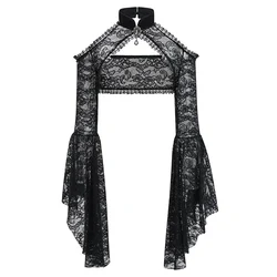 Black Transparent Floral Lace Halter Neck Flared Sleeve Victorian Steampunk Jacket Women Gothic Coat Dark Top Sexy y2k Clothes