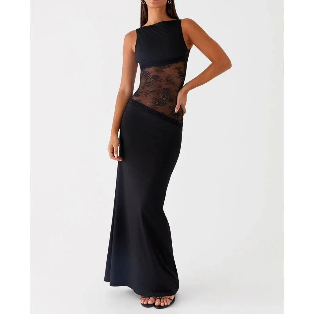 

2025 Womens Elegant Floral Lace Sheer See-through Patchwork Low Waist O-Neck Metal Buckle Backless Slim A-Line Long Dress