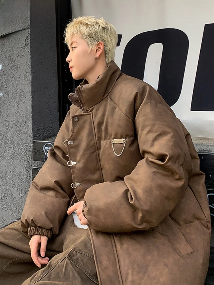 

Wassup Happy Men's PU Leather Cotton Jaet Metal Button Stand Collar Bread ape Winter Coat Warm Thiened Long Sve