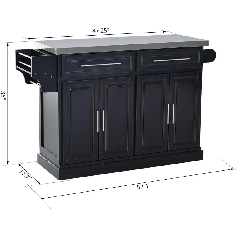 Rolling Kitchen Island with Storage, with Stainless Steel Top, 2 Drawers, Spice, Knife and Towel Rack and Cabinets, Black