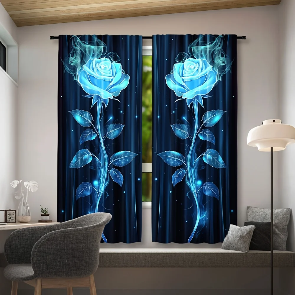 2pc Blue Rose Sheer Curtains – Black Background, Rod Pocket for Living Room, Bedroom & Kitchen