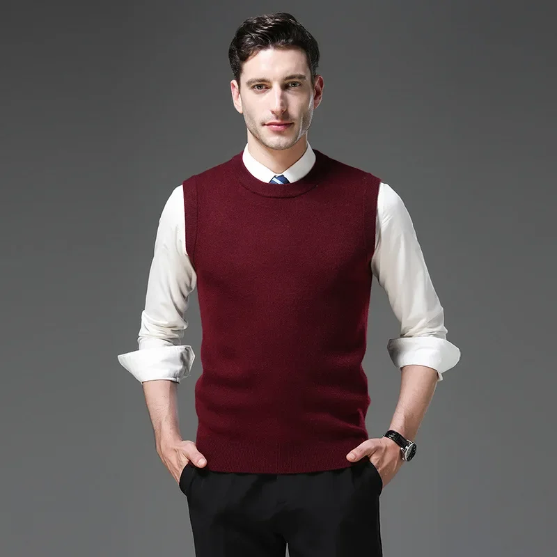 Men 2024 Autumn/Winter Thick Wool Vest Fashion Classic Solid Color Round Neck Sleeveless Knit Men Sweater