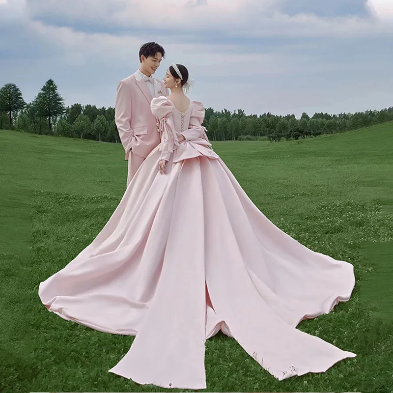 Sweet Pink Wedding Dress Exquisite Satin Long Sleeve Puffy Bow Bride Ball Gown Elegant Outdoor Photography With Train Customized