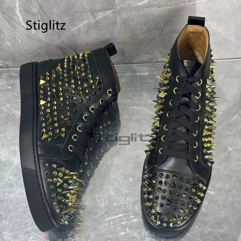 Rivets Casual High Top Men's Shoes Sneakers Lace Up Flats Shoes Autumn Winter Leather Comfortable Breathable Couple Shoes