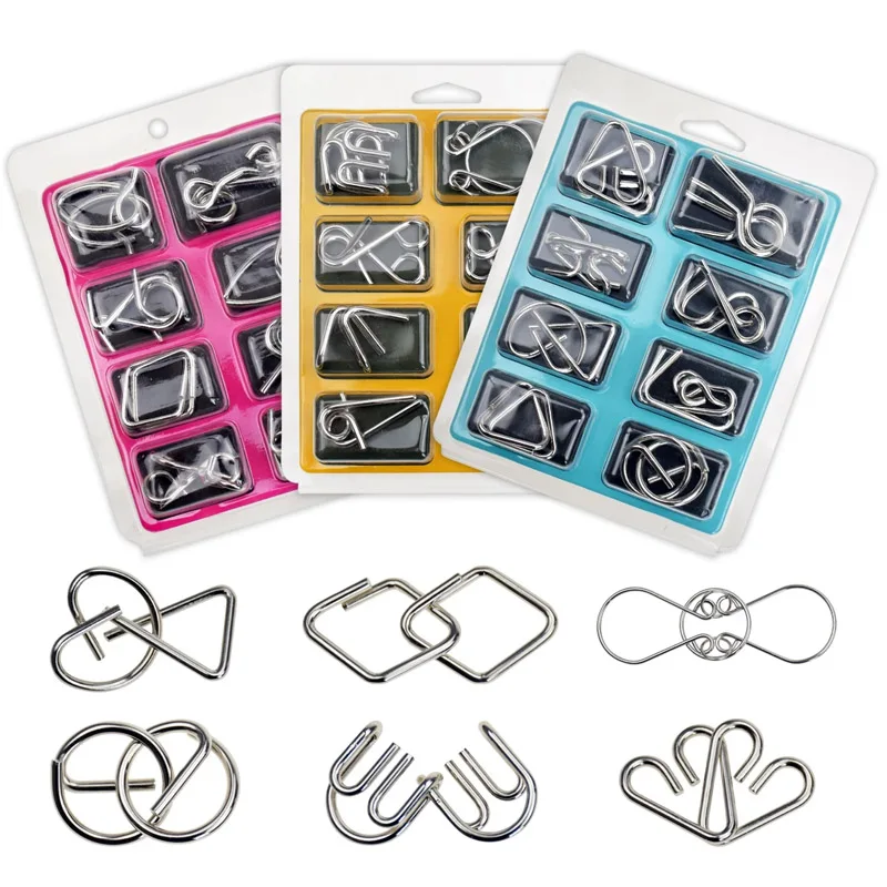 8PCS Set Metal Wire Puzzle Brain Teaser IQ Test Disentanglemen Iron Link Unlock Interlock Game Adults Kids Educational Toys