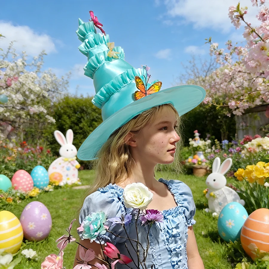 1pc mint blue ruffled edge hat with imitation butterfly decoration spring outfit flower fairy hat Easter carnival school party view 2