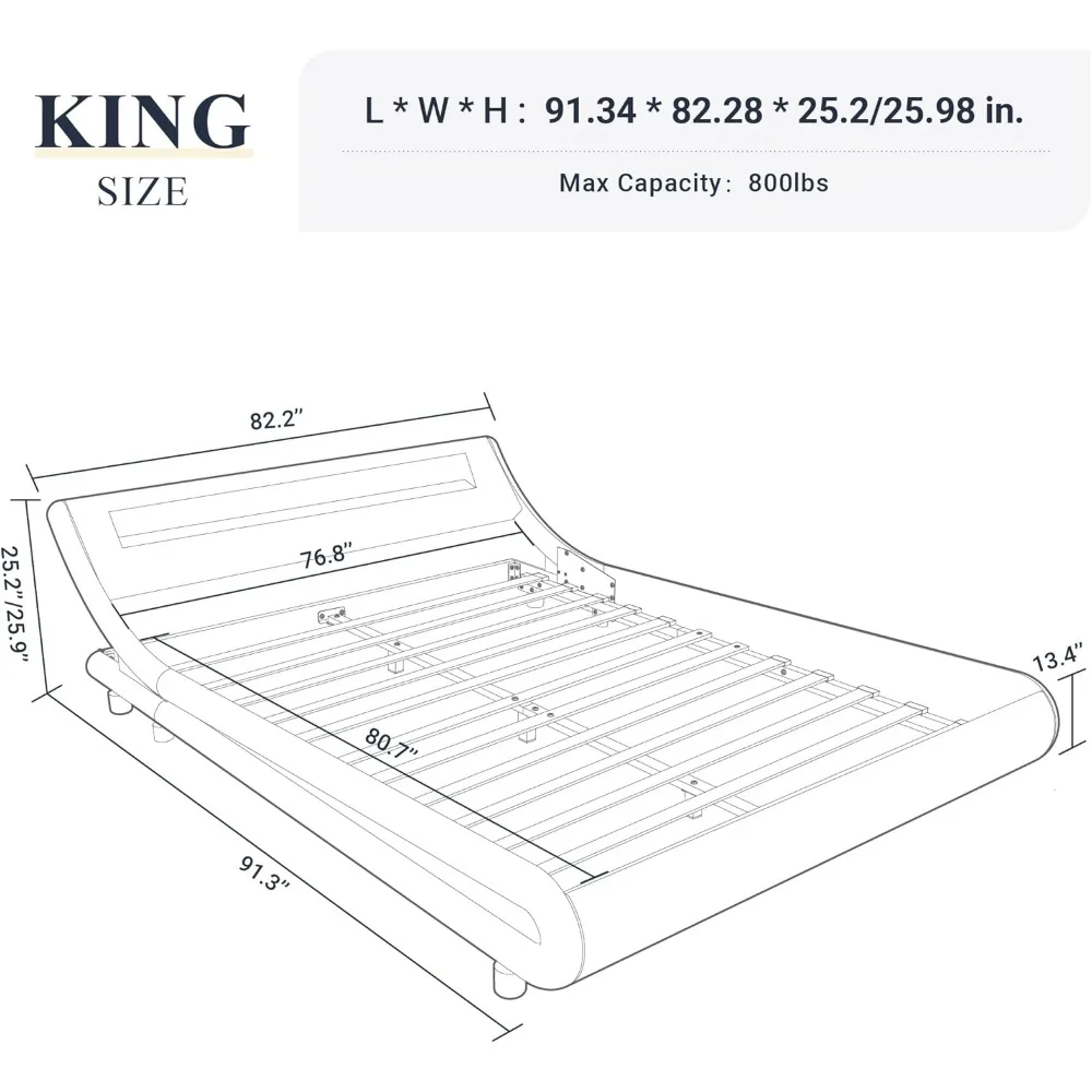 Каркас кровати на платформе King-size со светодиодной подсветкой и регулируемым изголовьем/без пружинного ящика/простая сборка/белая и черная искусственная кожа