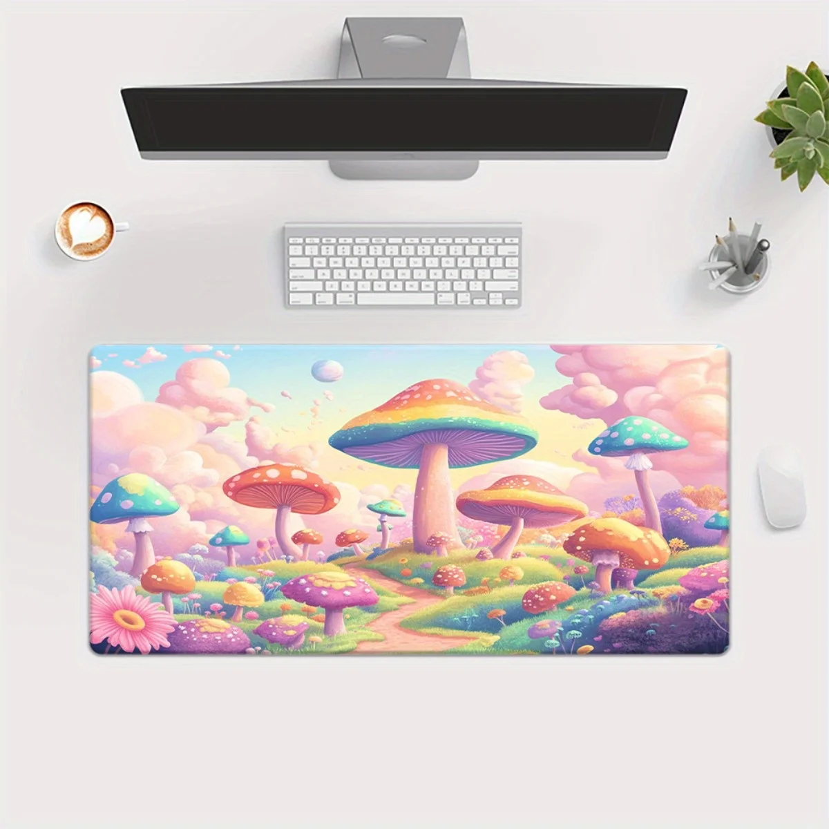 Rainbow Mushroom Landscape Extended Mouse Pad Durable Rubber Desk Mat for Gaming Office Workstation Home Decor