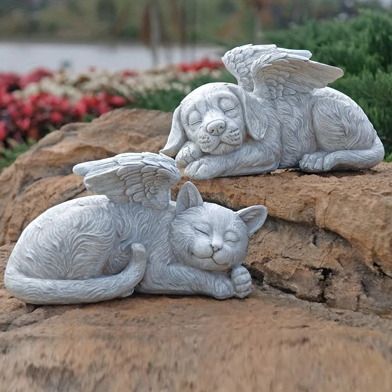 Angel Pet Statue Dog Cat With Wing Grave Marker Figurine Resin Craft Ornament Backyard Home Garden Sculpture Lawn Decoration