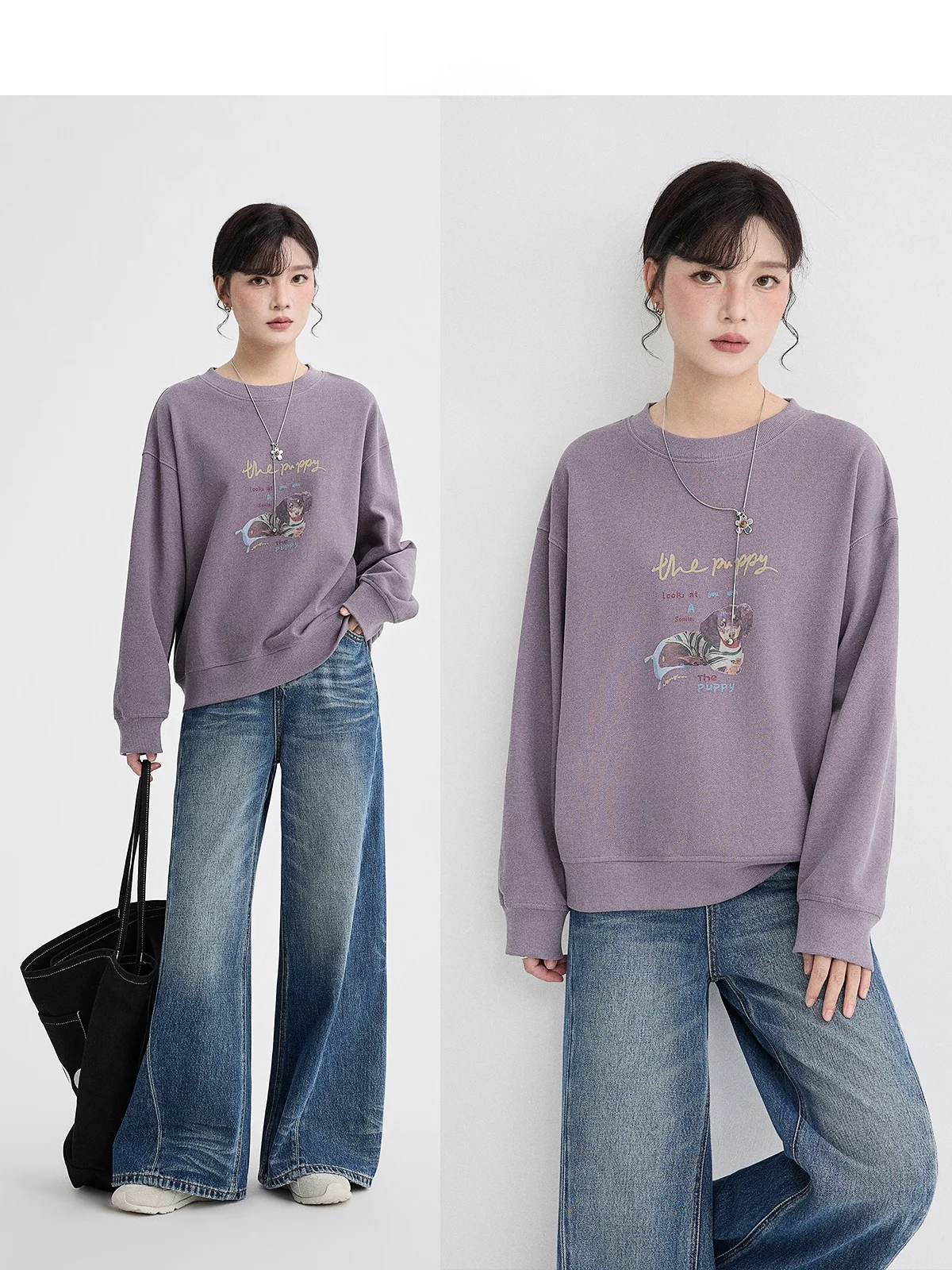 

Girls' Loose Fit round Ne Sweatirt Printed Doggies Spring 2026 Vintage Sle Slimming Top Comfortable Long Sve Crew Ne