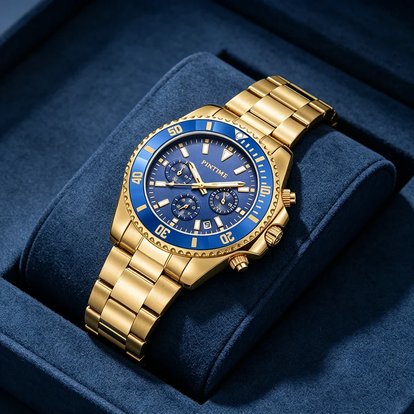 Men Quartz Chronograph Watch Two‑tone Gold Silver Steel Band Blue Dial Date Window Diver Style Male Wrist Watch for Men