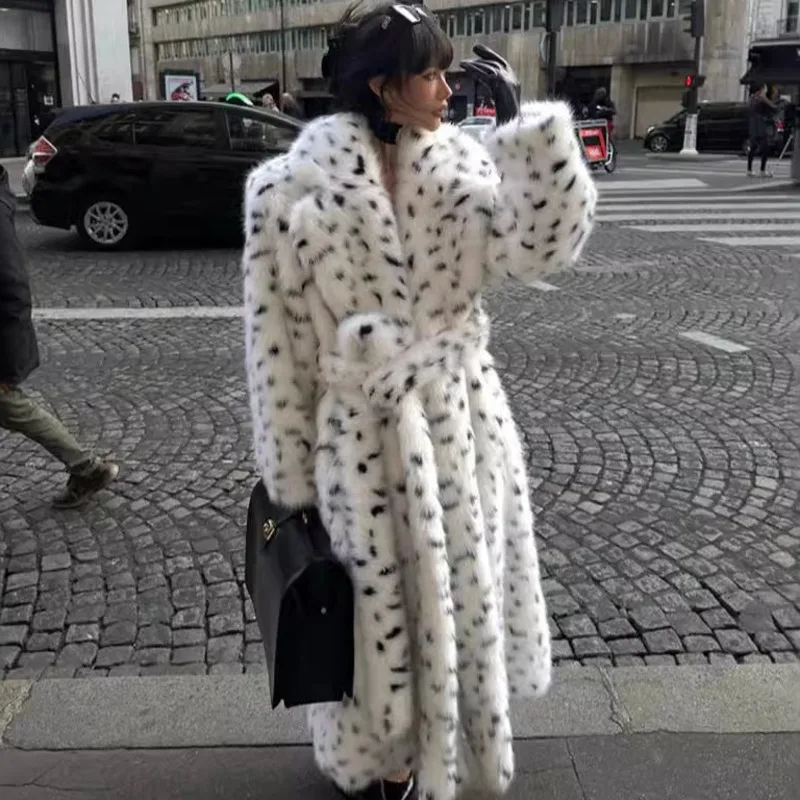 EAEOVNI الشتاء موضة الفراء معطف طويل المرأة ليوبارد نقطة تصميم حزام تجمع الخصر مزاجه سترة ملابس خارجية #3