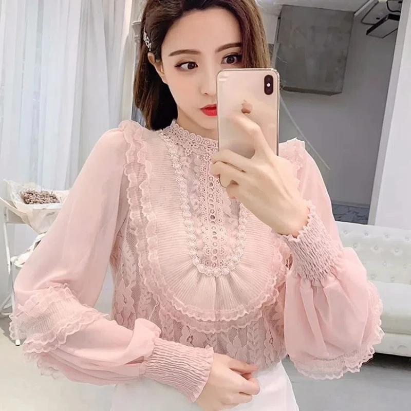 Mesh Patchwork Lace Shirt Women\'s Autumn Outfit New Nail Bead Ruffle Edge Shirt Long Sleeved Butterfly Chiffon Top Trendy