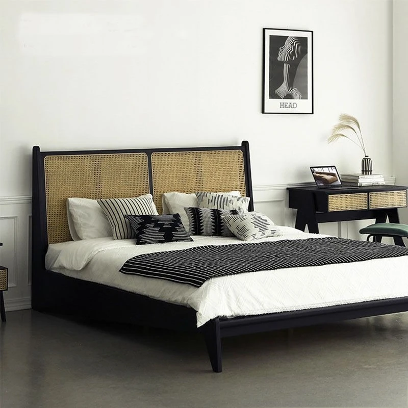 Fashion high-end B & B hotel creative bedroom solid wood woven rattan double bed custom furniture