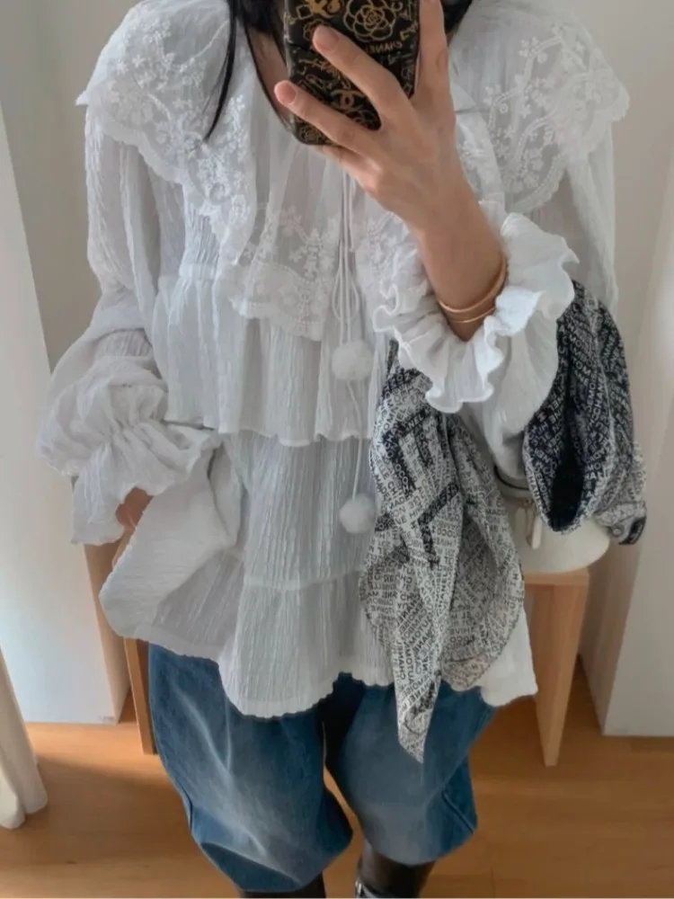 

Ретро Court Sle Lace Splicing Плиссированные Bell Sve irt Женская модная уличная одежда Bubble Sve Long Sve Весна Осень