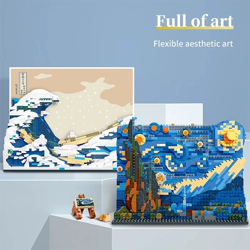 Micro blocos de construção 3D para crianças, Van Gogh, céu estrelado, noite enluarada, arte criativa, brinquedos educativos, presentes para decoração