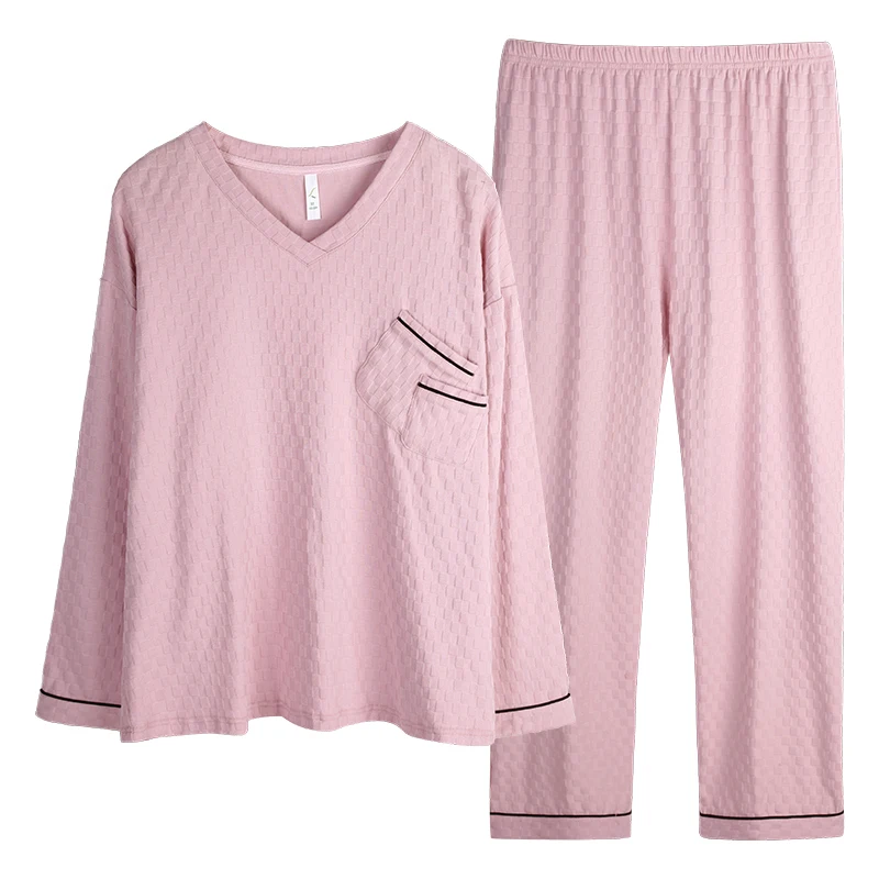 Lente V-hals Pyjama Set Vrouwen Volledige Katoen Nachtkleding Lange Mouw + Broek Homewear Dames Grote Werven Vrouwelijke Casual Home Kleding