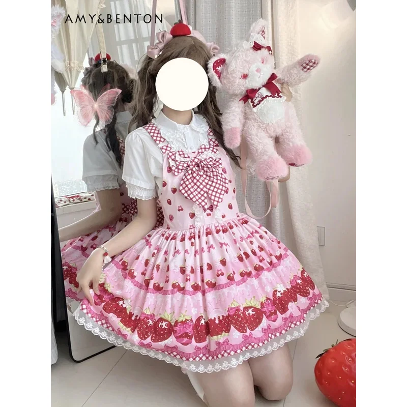 

25COSCute JSK Strap Lolita Dress Daily Sweet Girl Cartoon Printed Polka Dots Big Bow Slim Mini Dress Kawaii Birthday Dress for W