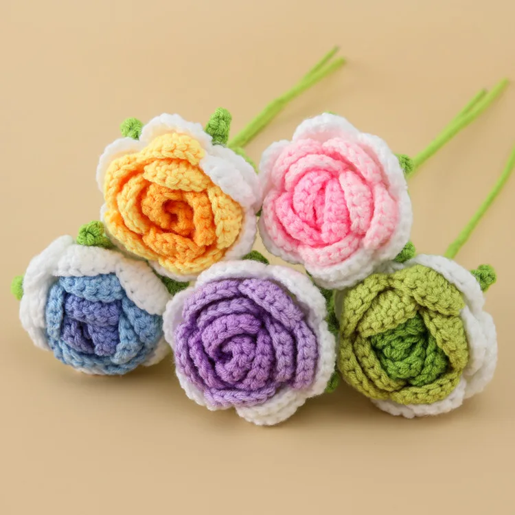 Creative Rose Crochet Flowers Knit  Flower Bouquet Wedding Bouquet Artificial Finished Handwoven Flower Flores Tejidas