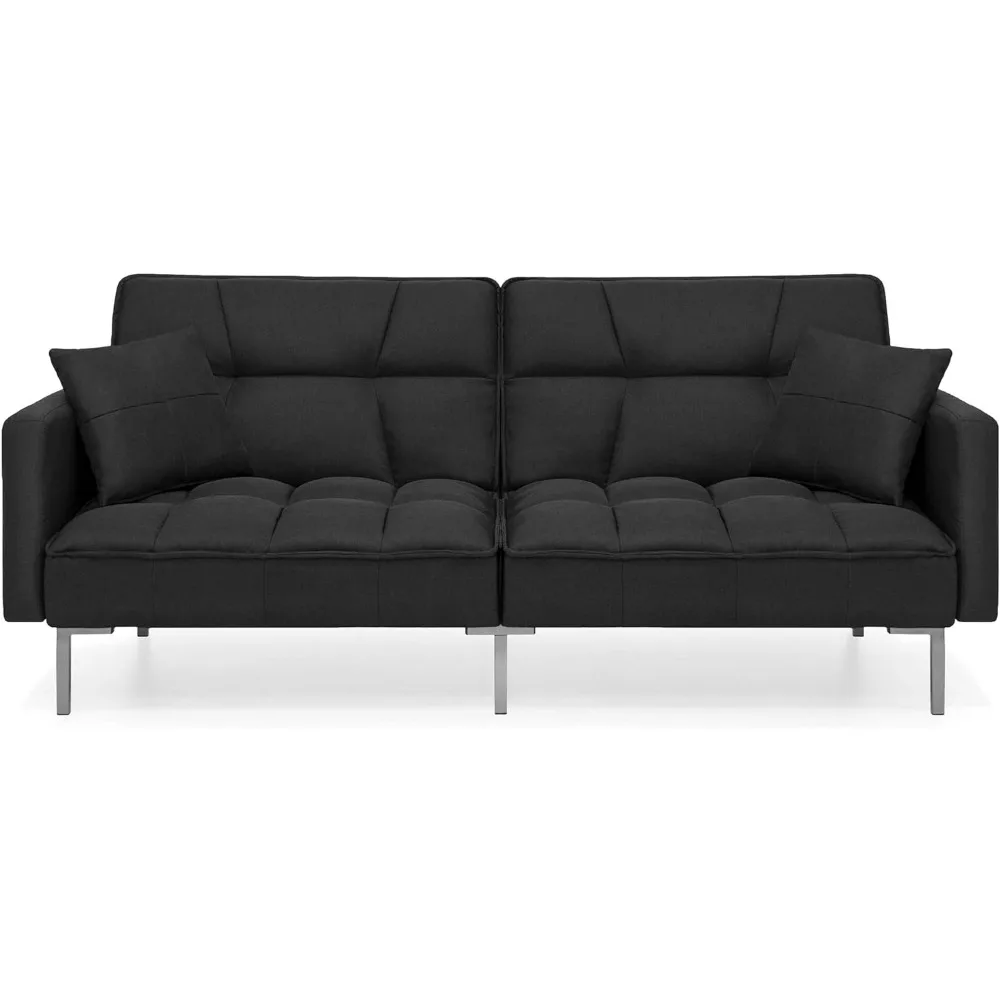 Convertible linen tufted split plush sofa furniture with 2 pillows, wooden frame, metal legs - Black  GM