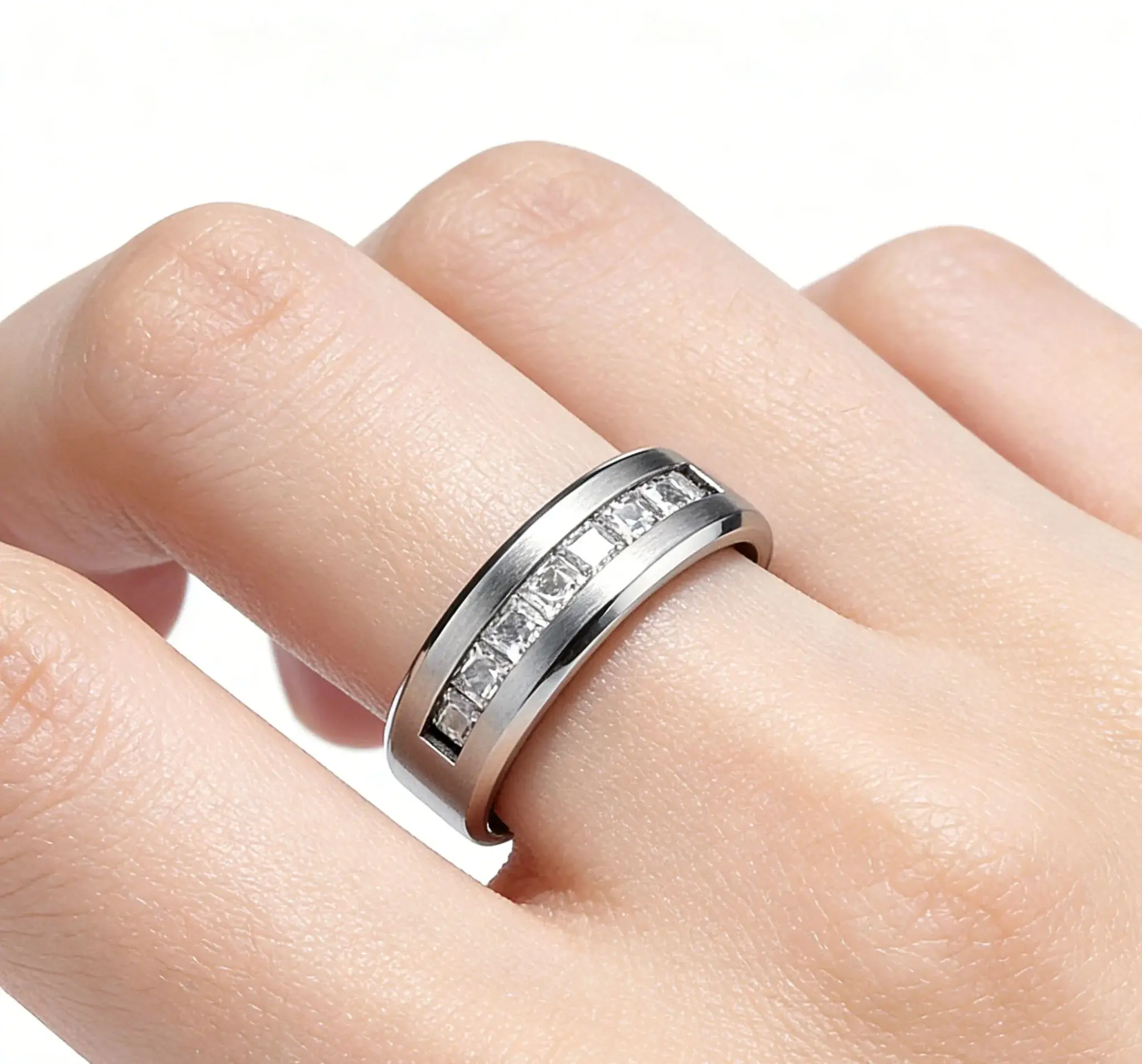 

Men's Silver Plated Stainless Steel Ring with Square Cubic Zircon Jewelry Accessory Wholesale Size 7-13
