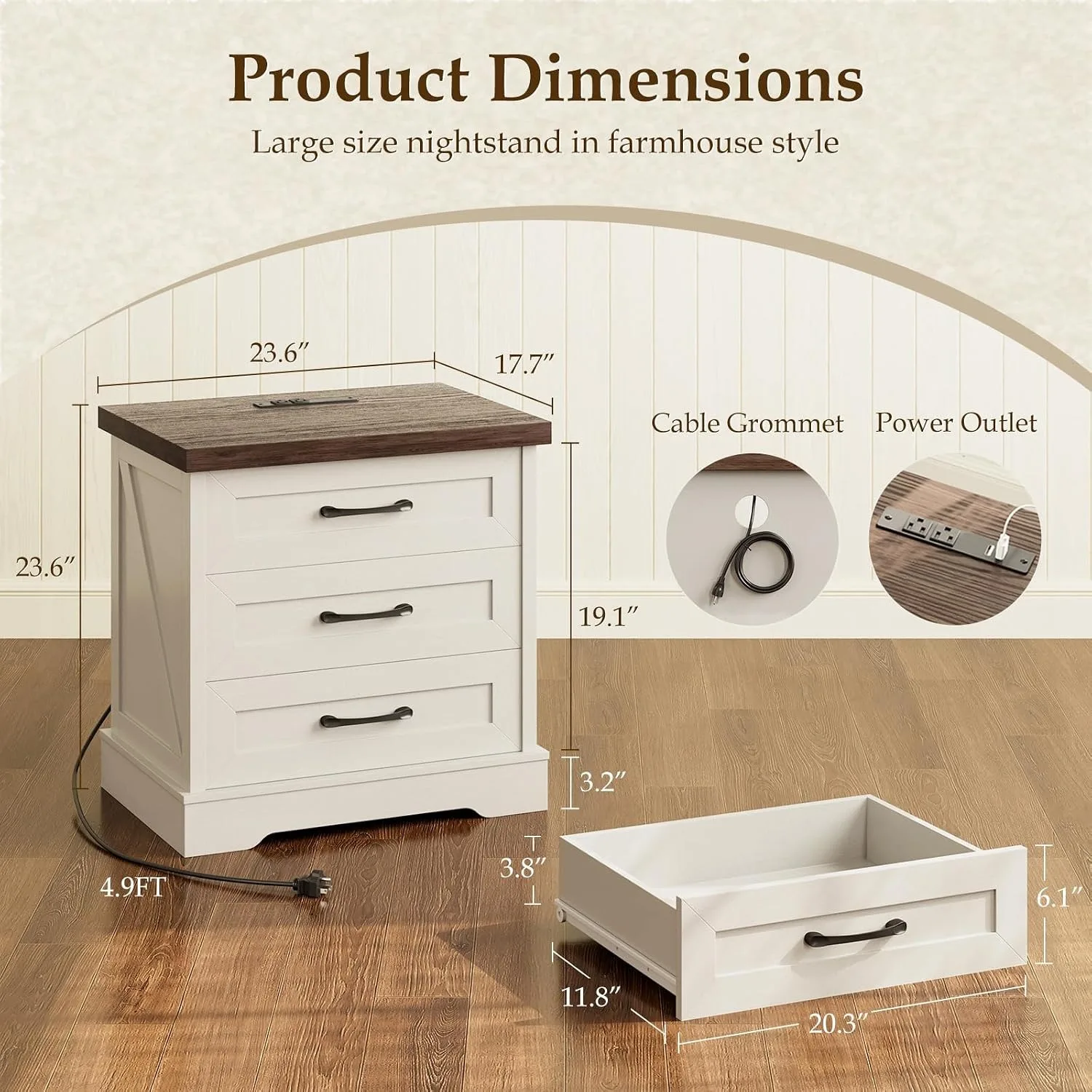 Farmhouse Nightstand with Charging Station, 24 Inch Bedside Tabe with 3 Drawers, Rustic End Table with USB, Customized