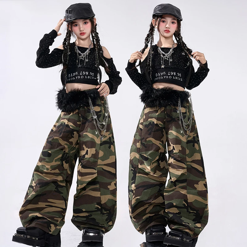 

Одежда для джазового танца для девочек, костюм Kpop, одежда для выступлений на сцене, черный блестящий укороченный топ, камуфляжные брюки, одежда для городских танцев 2683