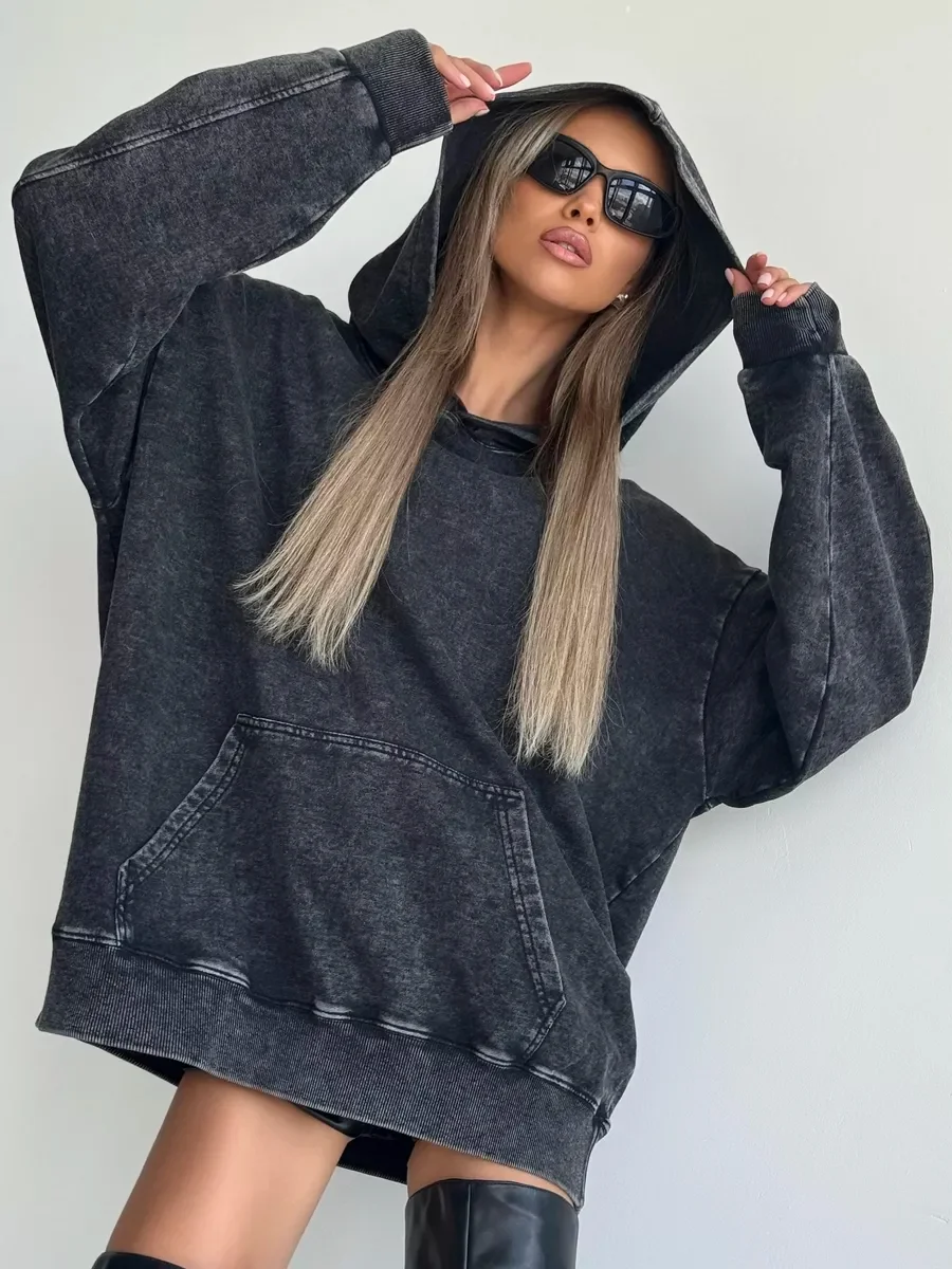 American Style Warm Autumn And Winter, Fashionable White Loose Versatile Old Retro Temperament Washing Black Hooded Sweatshirt