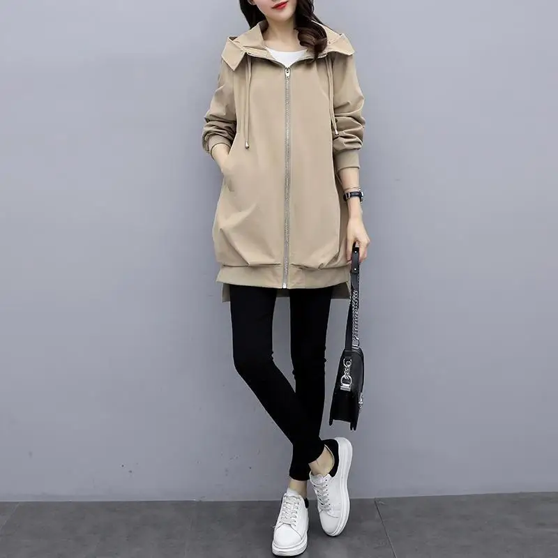 

Women's 2024 Spring And Autumn New Jacket Korean Style Loose Hooded Windbreaker Relaxed Mid Length Fashion Coats For Women Tops