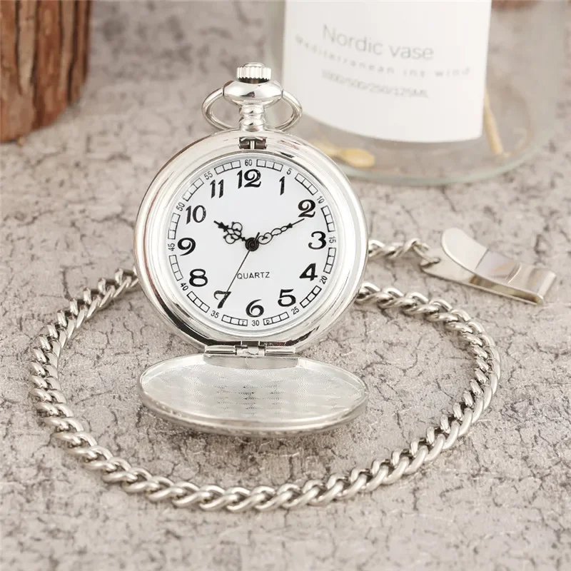 Silver Pocket Watch Full Hunter Cover Arabic Number Display Fob Quartz Watches with Click Chain Vintage Style Timepiece Reloj