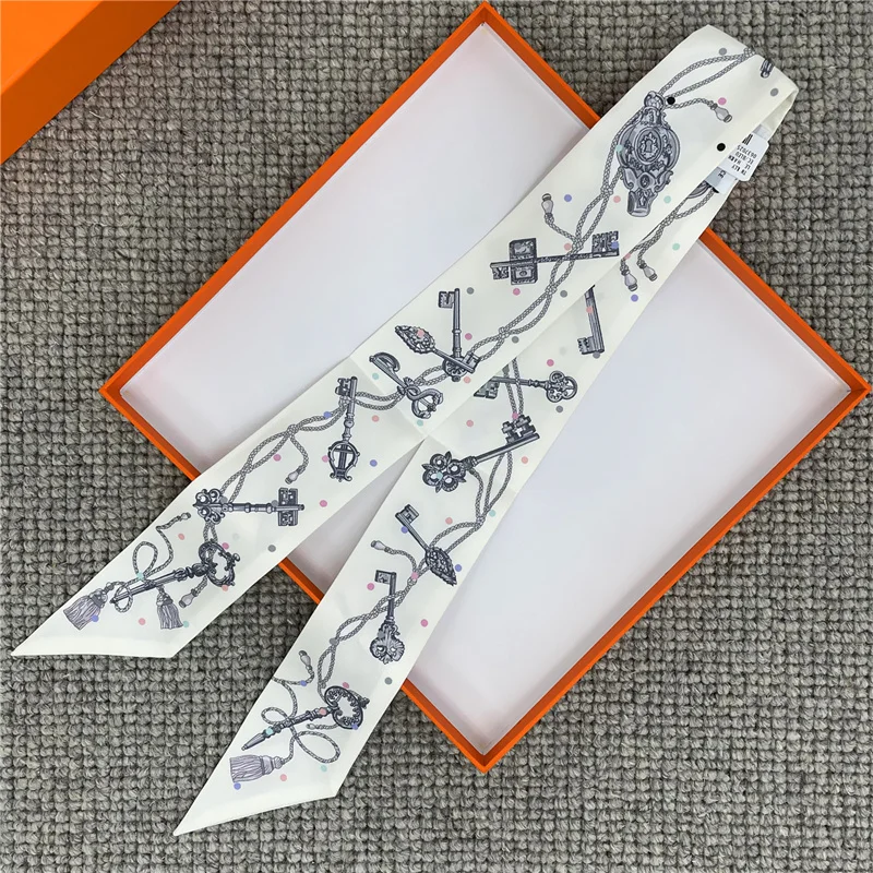 Pobing Wheel Print 18 mt/mt Twill Seiden schals Frauen Luxusmarke Schal Tasche Bänder binden Kopftuch kleinen langen dünnen Schal 86*5cm – Detail 11
