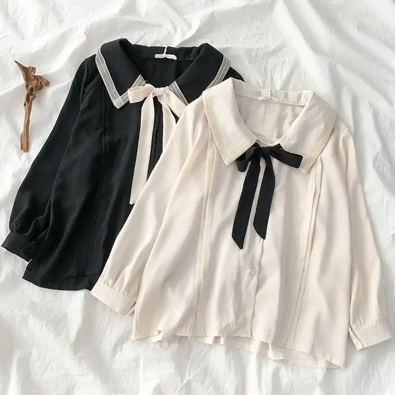 Gidyq Fashion Women Chiffon Shirts Korean All Match Bow Loose Tops Y2K Casual Elegant Female Cute Long Sleeve Blouse Spring New