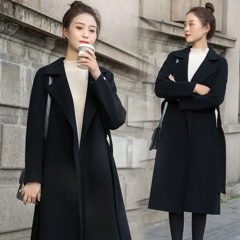 European and American autumn and winter coats for women\'s clothing Solid color lapel Long sleeved woolen women\'s coats Simple st