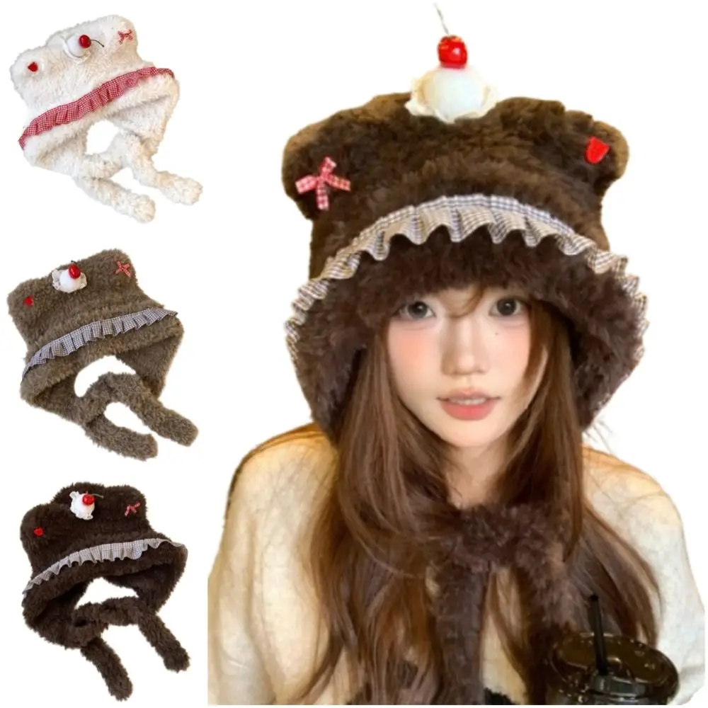 

Versatile Cake Bear Ear Protection Hat Cute Cartoon Thick Knitted Hat Headgear Breathable Plush Earmuffs Cap Outdoor