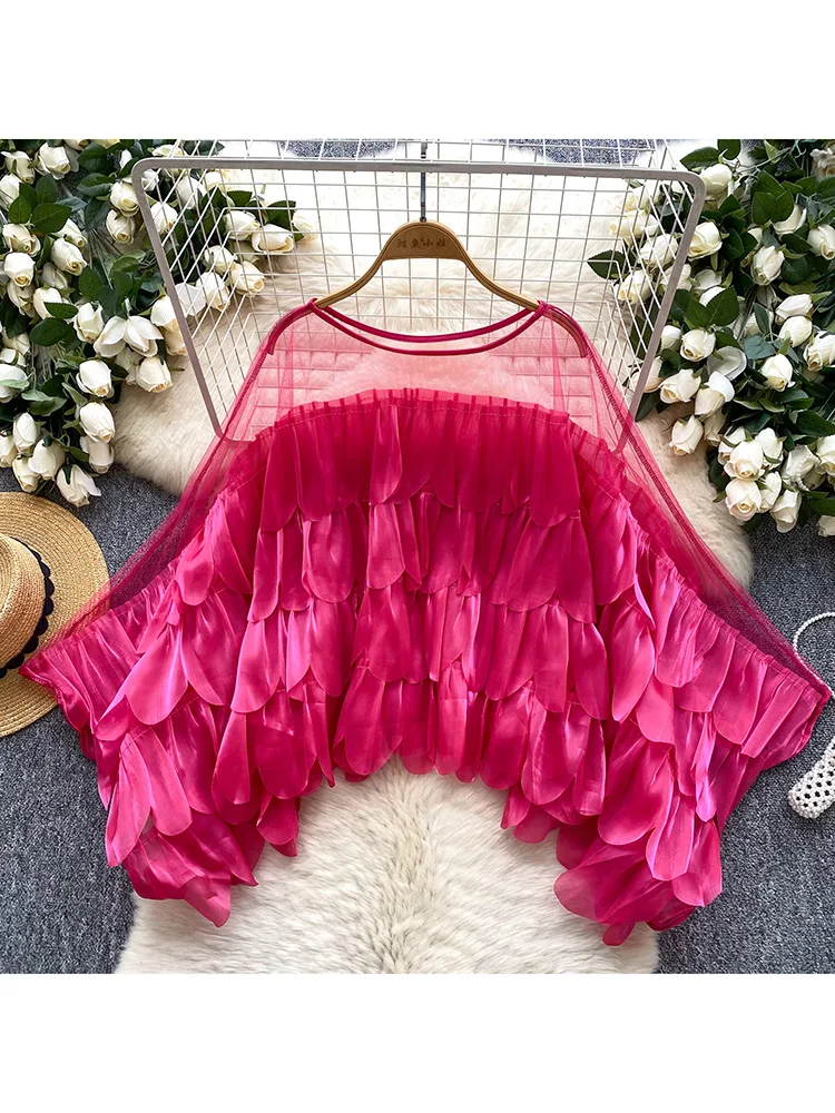 

Women‘s Summer Blouse European Style Temperament Solid Color High-end Top Ruffled Mesh Splicing Design Loose Top BL200