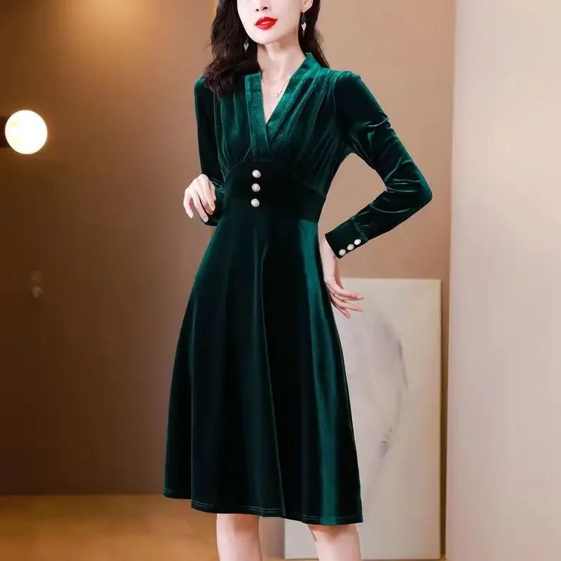 Robe en velours doré à manches longues pour femmes, pull slim, col en V, bouton, plis ajustés, monochromatique, mode, automne, hiver, CY149