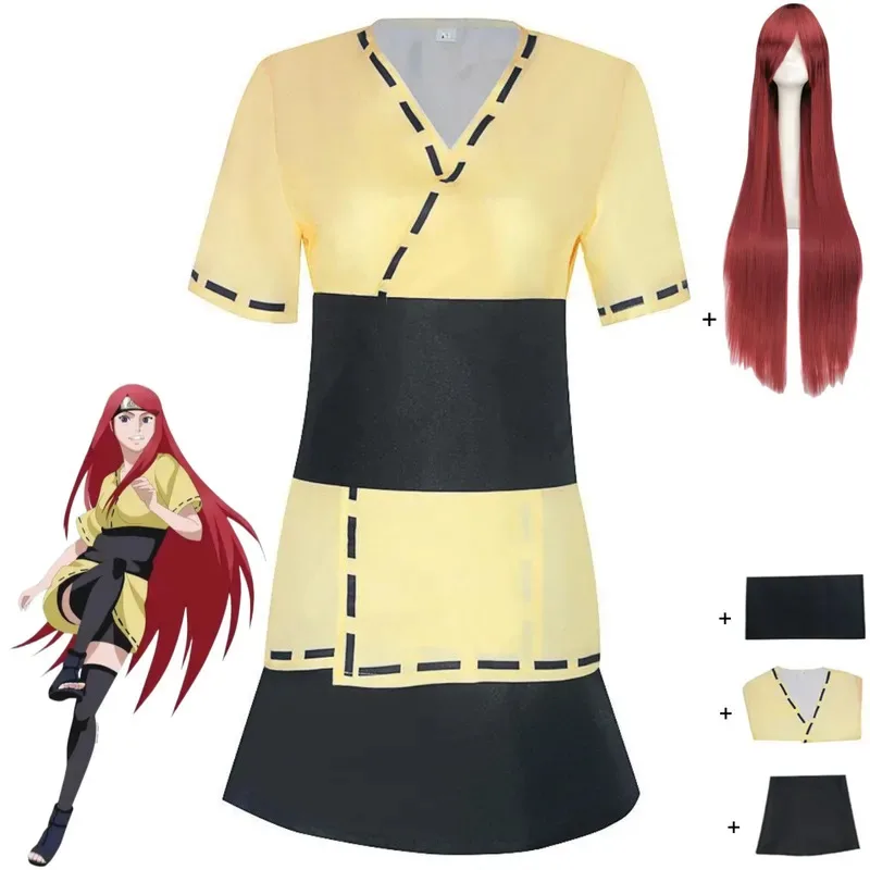애니메이션 우즈마키 쿠시나 코스프레 의상 노란색 짧은 소매 탑 배틀 유니폼 레드 가발 여성 섹시한 카니발 할로윈 슈트;3,k8't
