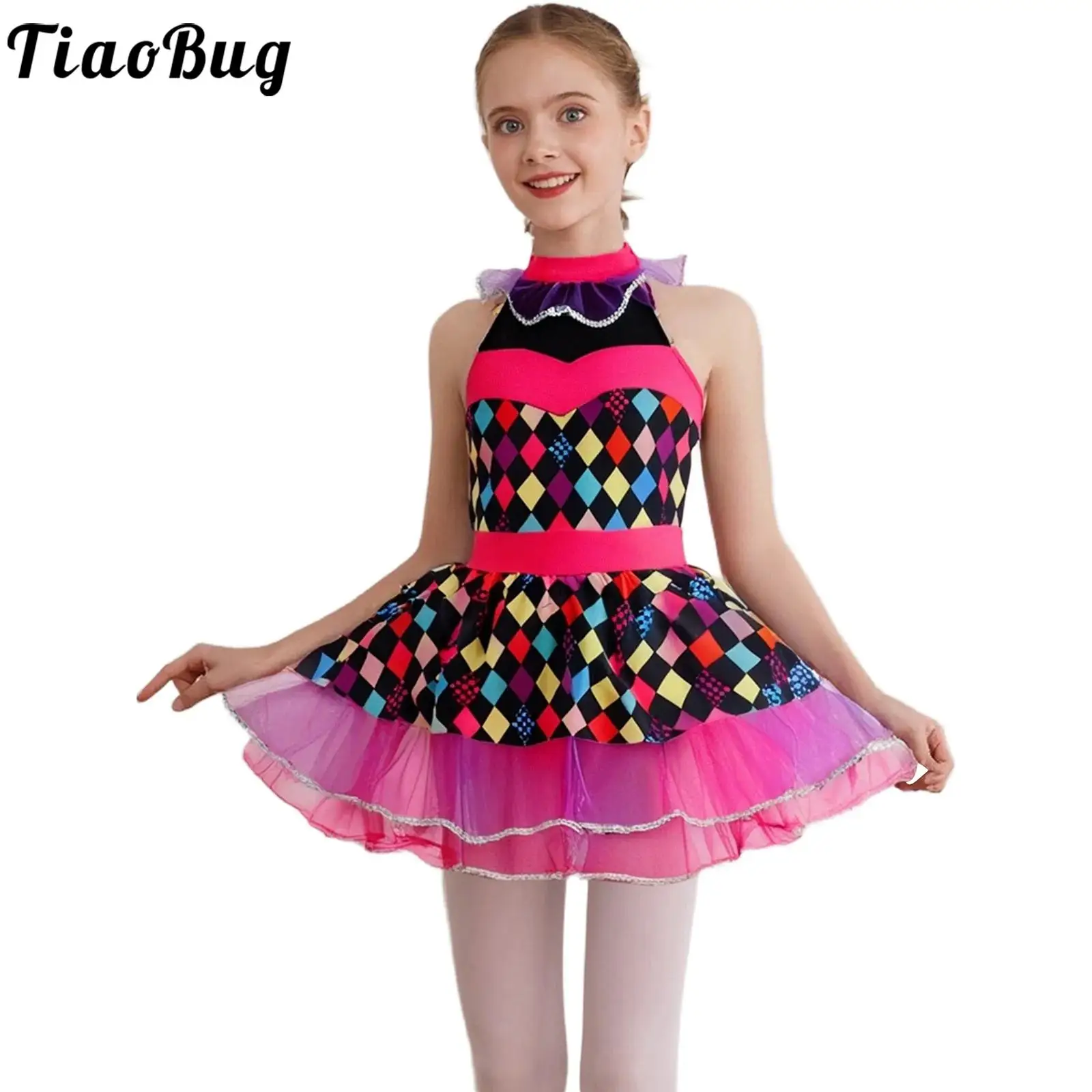 

Girls Clown Cosplay Costume Halloween Circus Gown Halter Sleeveless Puffy Tulle Dress for Dance Themed Party Performance