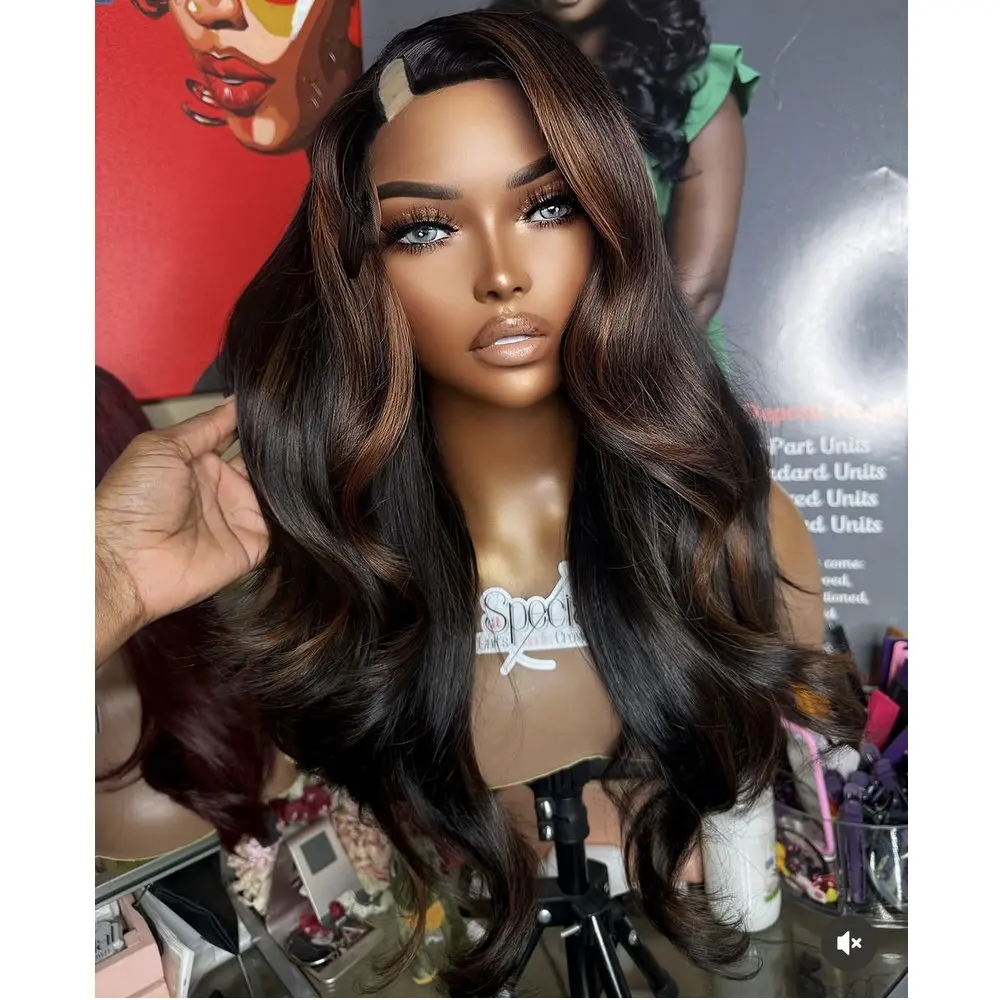 Leimlose, einfach zu tragende, natürliche 100% Echthaar-Perücken, 200 Dichte, rötlich-braun, Highlight, Body Wavy, 1x4 Größe, U/V-Teil-Perücken für Damen – Detail 4