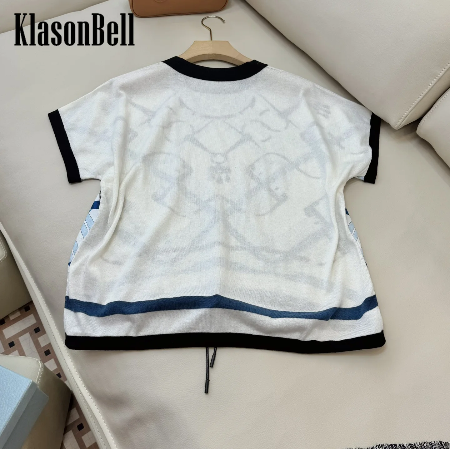 9.4 KlasonBell Women Drawstring Bandage Hem Design Classic Fashion Lock Chain Print Silk Spliced Short Sleeve Loose T-Shirt