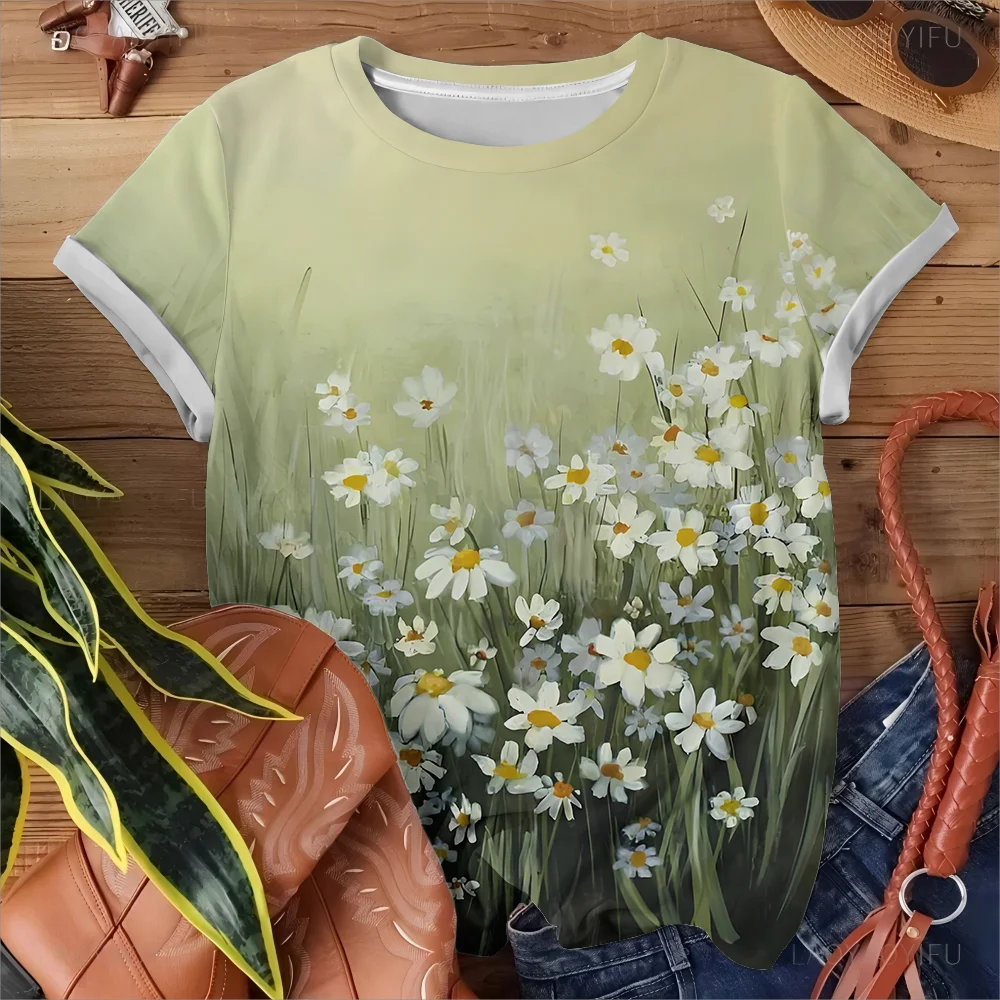 

3D Printed Street Green Daisy Grass Printed Women's T-shirt Summer Casual Fashion Comfortable Short Sleeve Inspired By Nature
