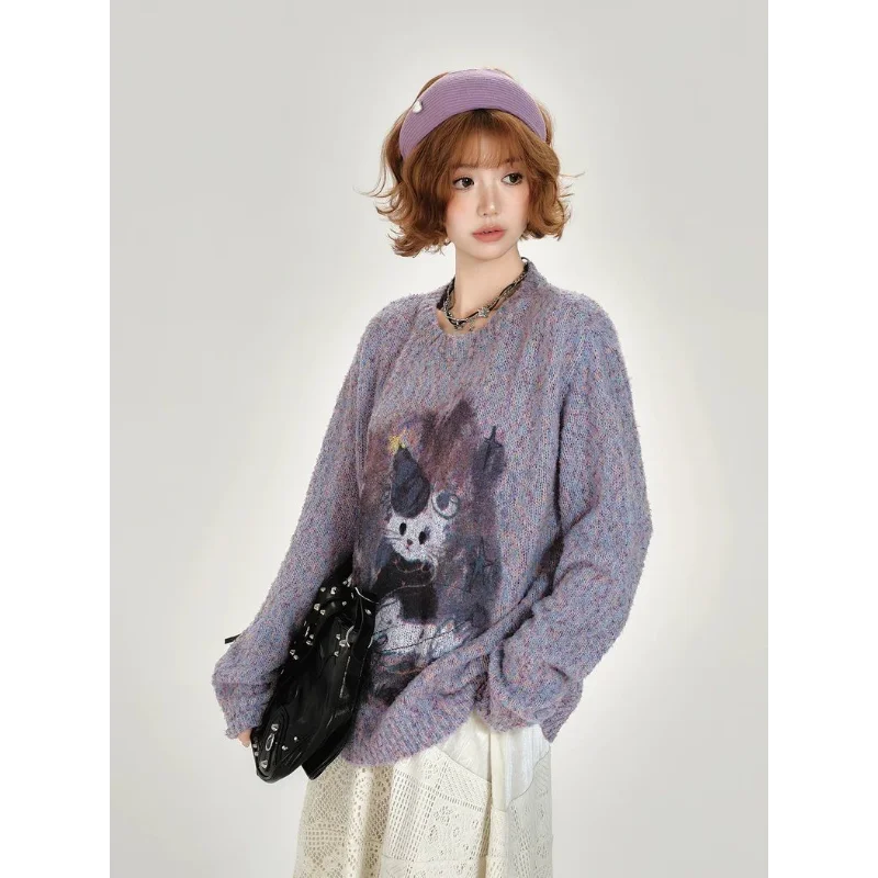 

Пуловер с принтом в стиле ретро, свитер с круглым вырезом, женский новый свободный тонкий топ